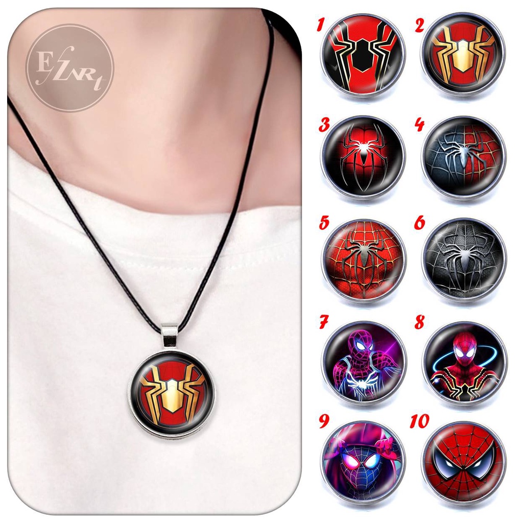 KALUNG SPIDERMAN SUPER HERO MARVEL SPIDER MAN LIONTIN KACA BULAT CEMBUNG TALI KULIT RANTAI STAINLESS STEEL