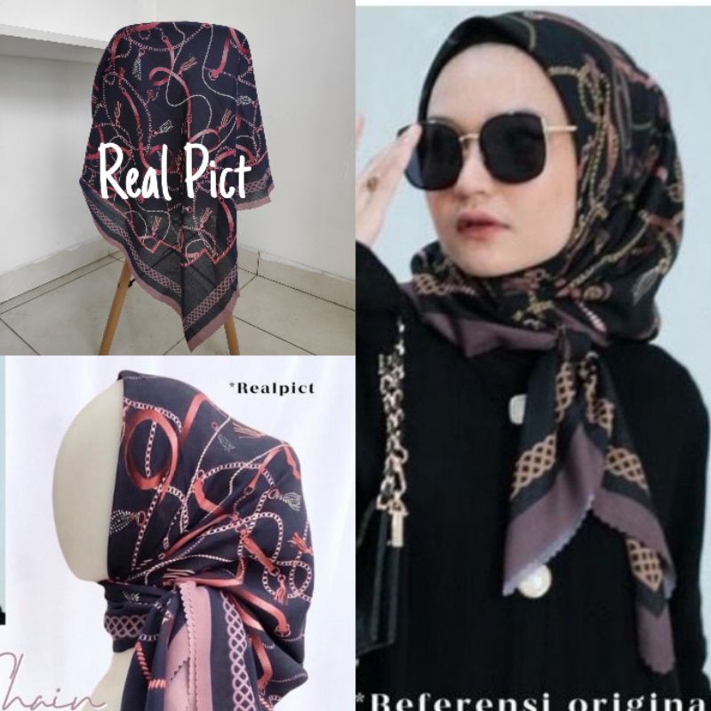 Kerudung vanilla hijab jilbab leopard love rantal polkadot / vanilla hijab segiempat voal motif vanilla chain / deenay kw button kw lasercut-Vanchain navy