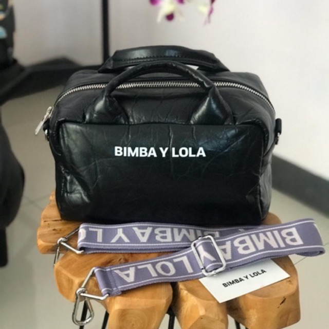 Ready Stock Bimba Y Lola tas selempang crossbody bag authentic black leather purple strap with handl