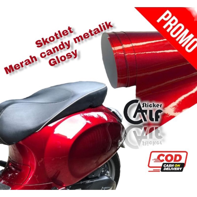 stiker, skotlet merah metalic glosy candy, skotlet motor mobil dll