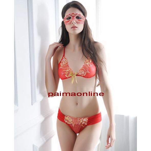 Bikini Bra Set Transparan Topeng Wajah Merah Pakain Tidur Wanita