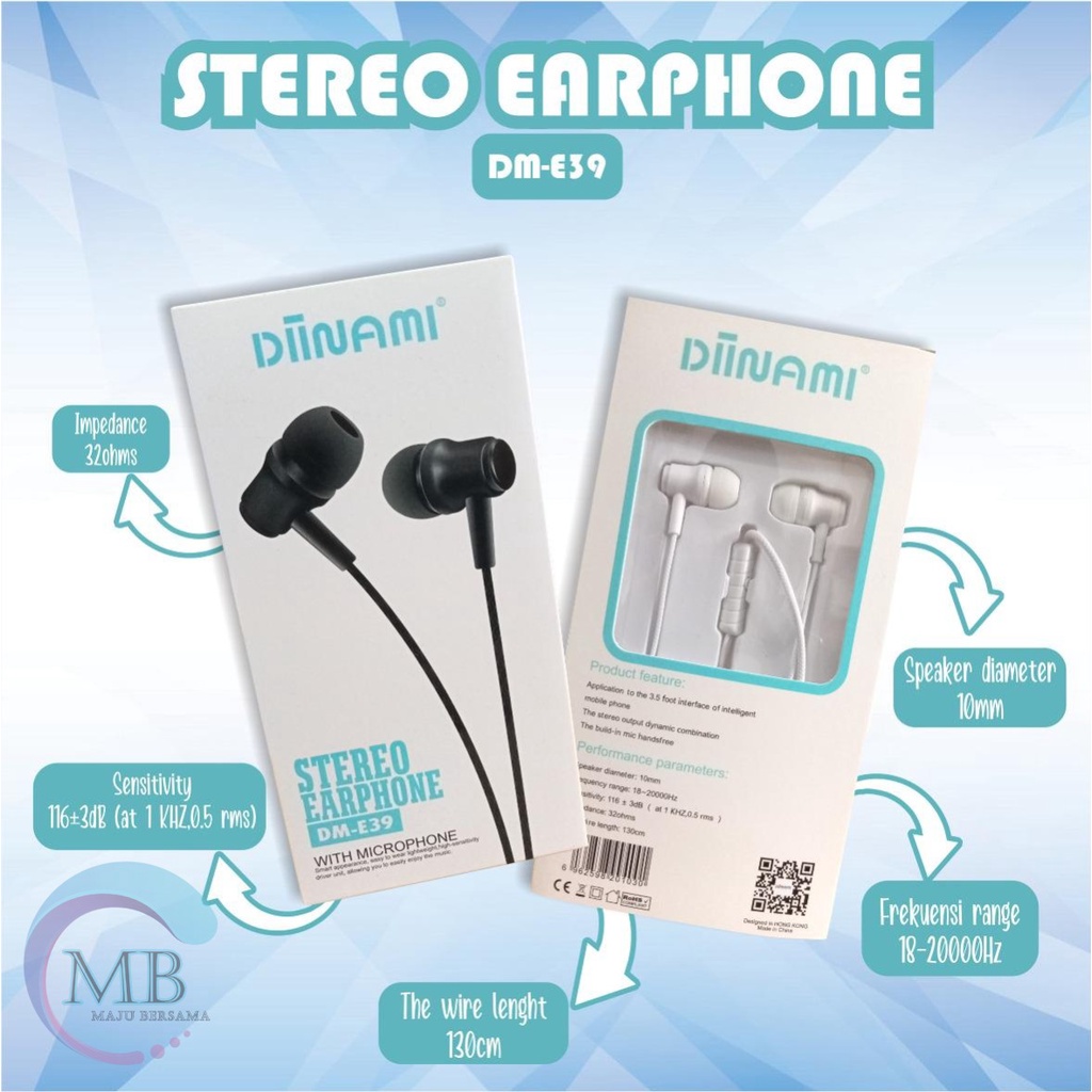 BM031 Headset DIINAMI E39 stereo Earphone Bass Android iPhone Original With MIC - Garansi 1 Tahun MB2814