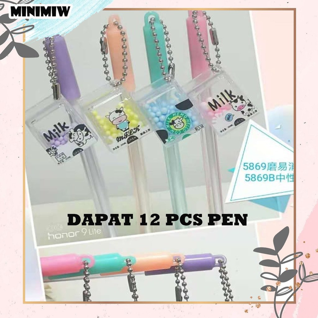 SELUSIN PULPEN GANTUNGAN SUSU SAPI MILK ISI 12 PCS PEN PENA GEL KARAKTER LUCU BOBA BUBBLE TEA MURAH