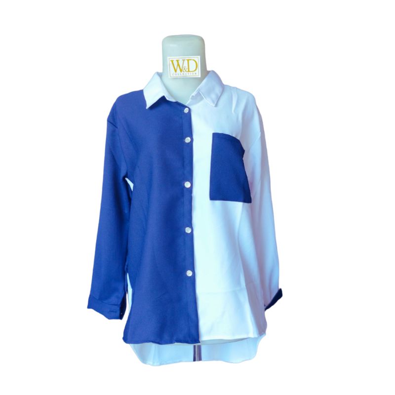 Kemeja Wanita Polos Casual Blouse Basic Kombinasi Warna Lengan Panjang Kekinian  Moscrepe-Nevi Kombi 84