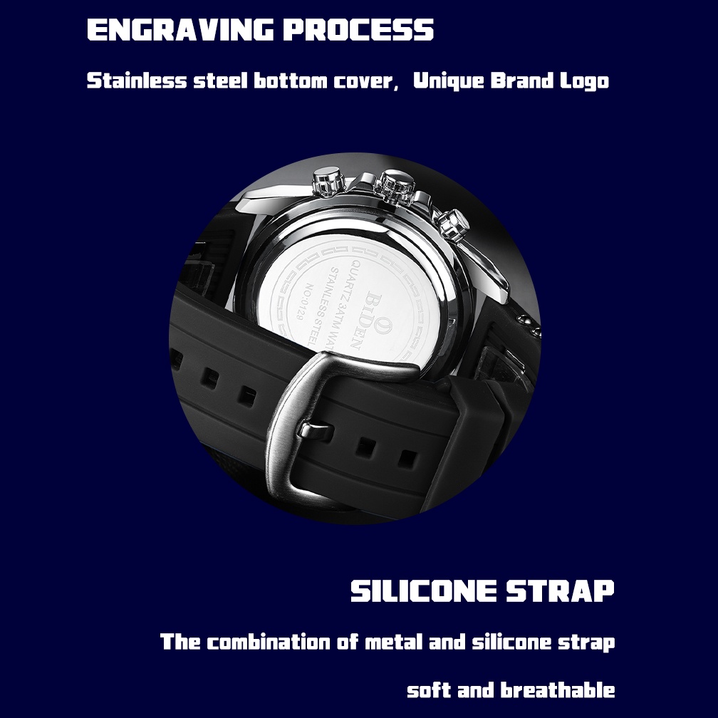 BIDEN Jam Tangan Pria Olahraga Mode Militer Multifungsi Dial Tahan Air Tali Silikon Jam Tangan
