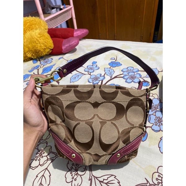 Mini Handbag Coach Vintage 40347 Carly Khaki Signature Jacquard Brown Baguette