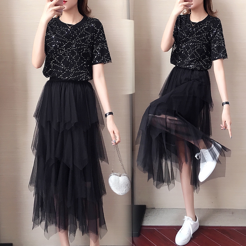Setelan Kaos  T shirt Lengan  Pendek  rok Pendek  Ukuran Besar 