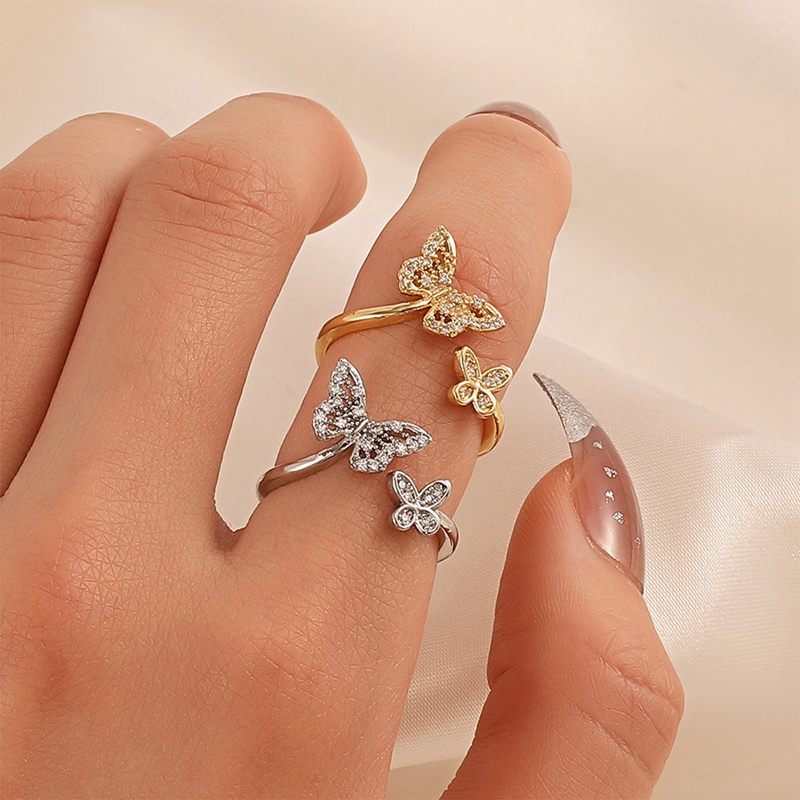 Cincin Model Terbuka Desain Kupu-Kupu Hias Zircon Gaya Korea Flexible Untuk Wanita