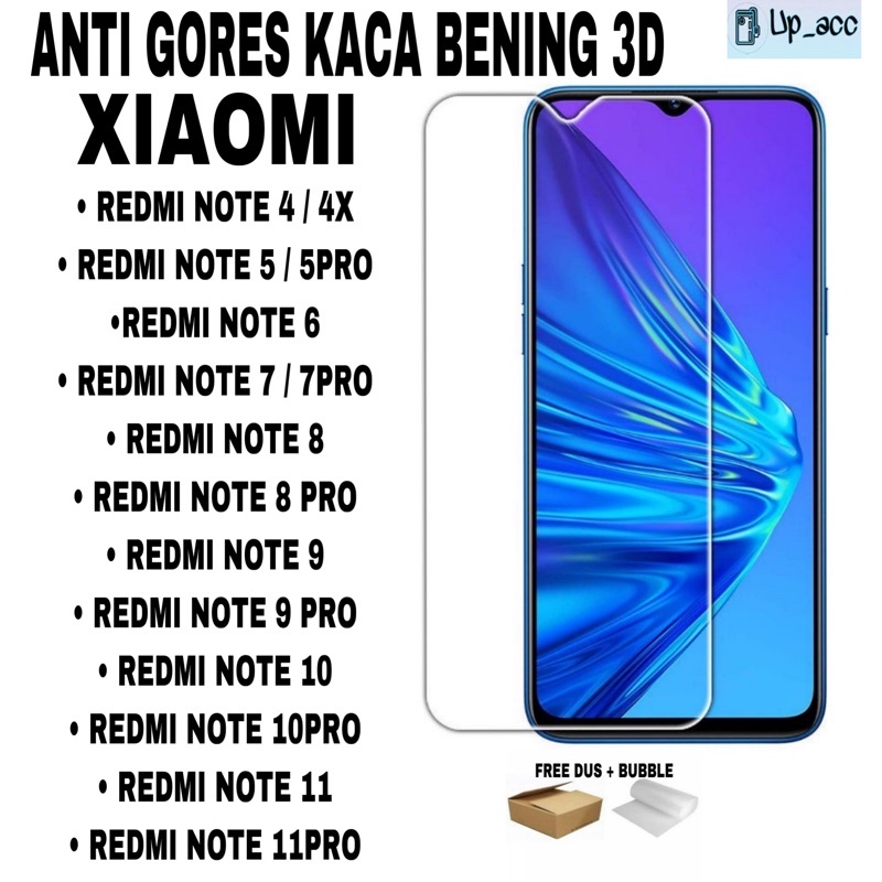 REDMI NOTE 4 4X 5 5 PRO 6 7 7 PRO 8 8 PRO 9 9 PRO 10 10 PRO 11 11 PRO Tempered Glass Bening 3D Anti Gores Kaca Bening Tidak full