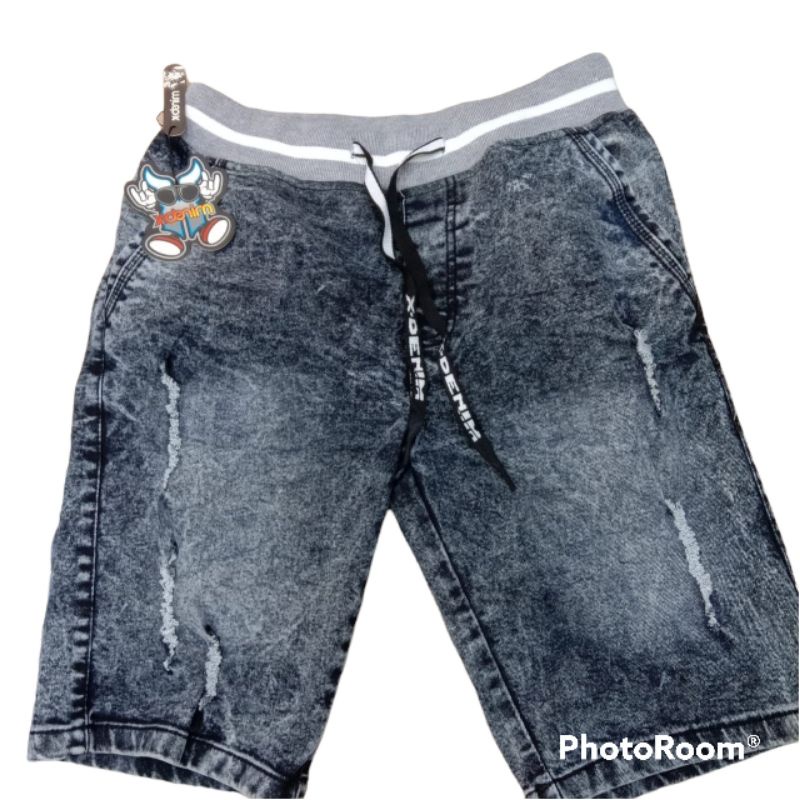 celana pendek jeans sanwost sobek/celana pendek jeans premium tebal sobek pinggang karet,kolor size : ML,XL,2L