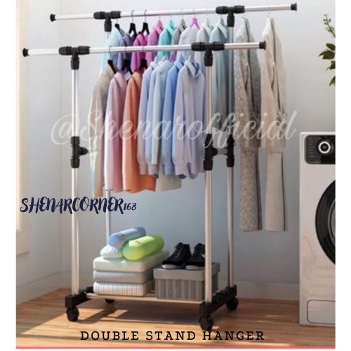 SHENAR RAK GANTUNGAN BAJU SERBAGUNA PORTABLE  UNIK / STAND HANGER BAJU TOPI TAS /JEMURAN GANTUNG /DOUBLE STAND HANGER,SHENARCORNER168