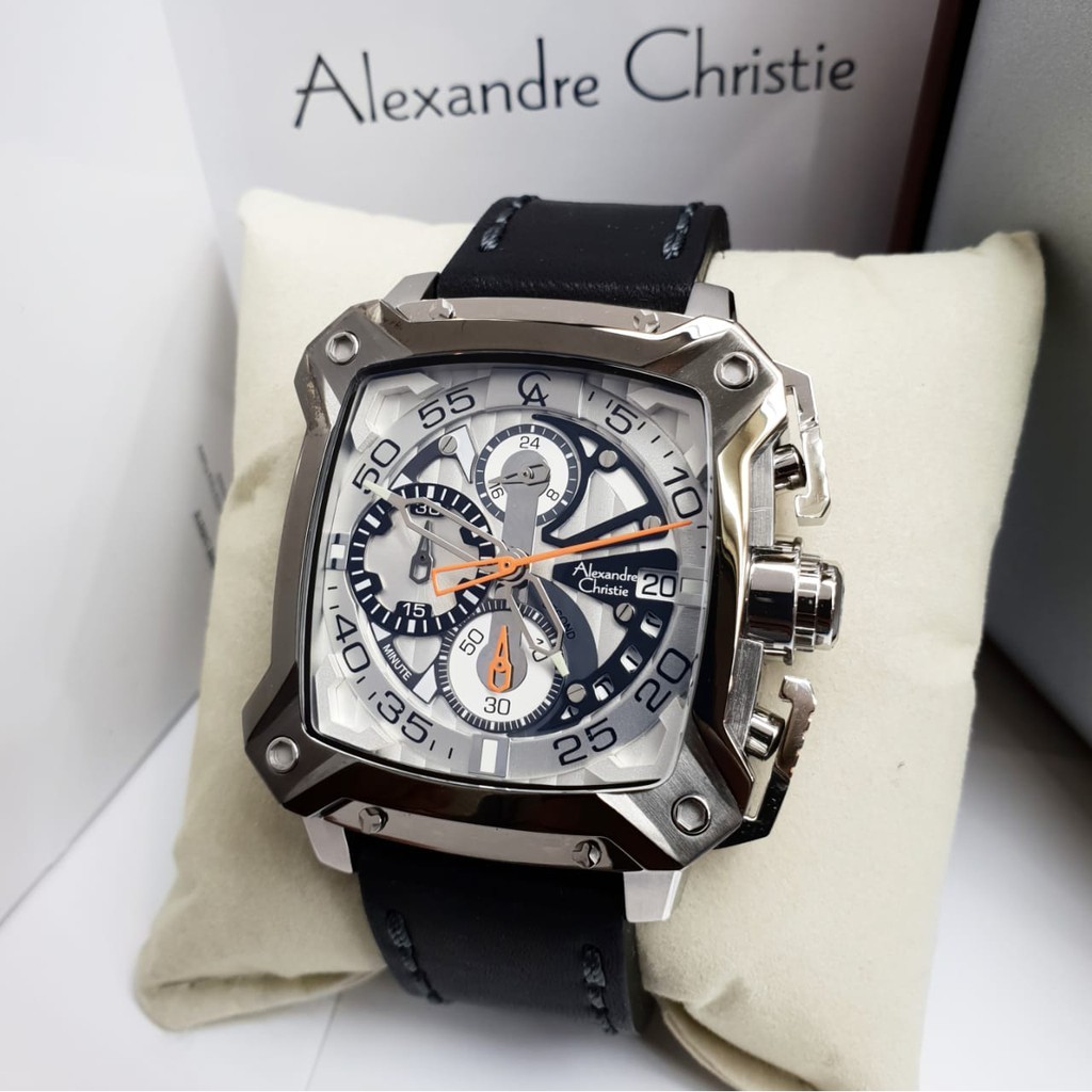 Alexandre Christie 100% Original AC3038 Jam Tangan Pria tali kulit hitam silver list orange