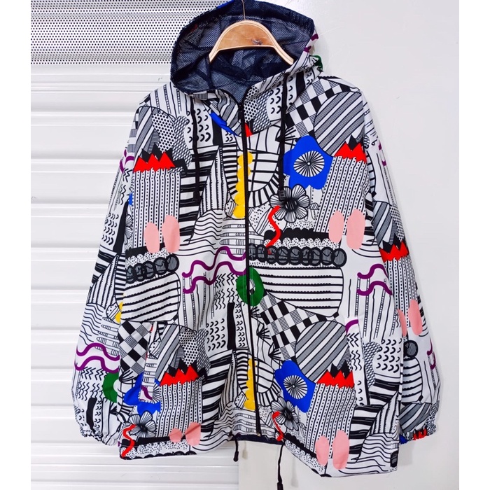 JAKET PARASUT PRINTING WANITA ANTI AIR WATERPROOF free masker OLAHRAGA SEPEDA-white art