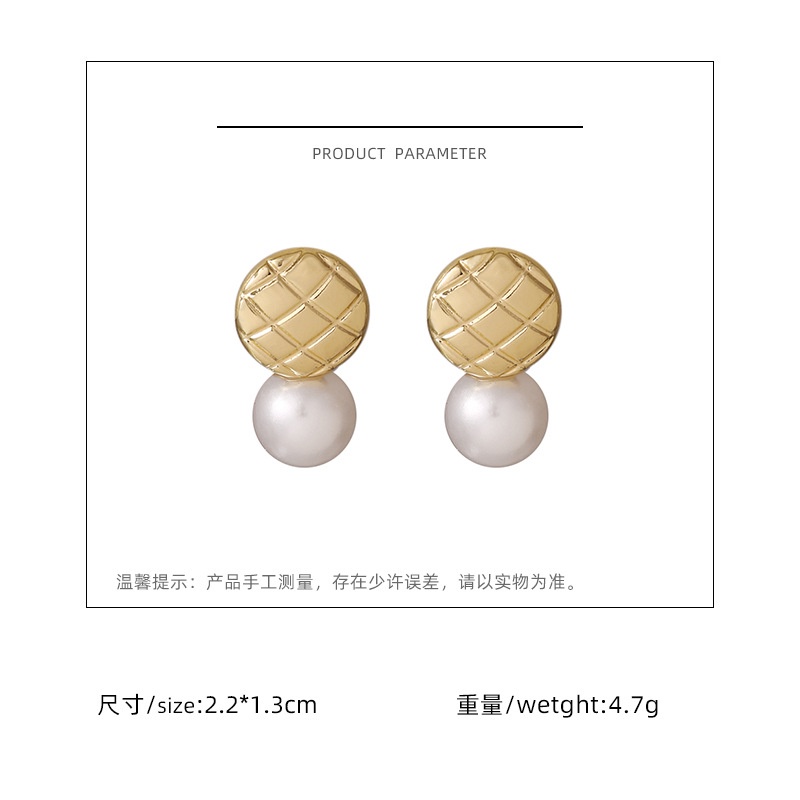 Bahasa Perancis anting-anting Plaid mutiara bulat retro anting-anting anting-anting sederhana anggun