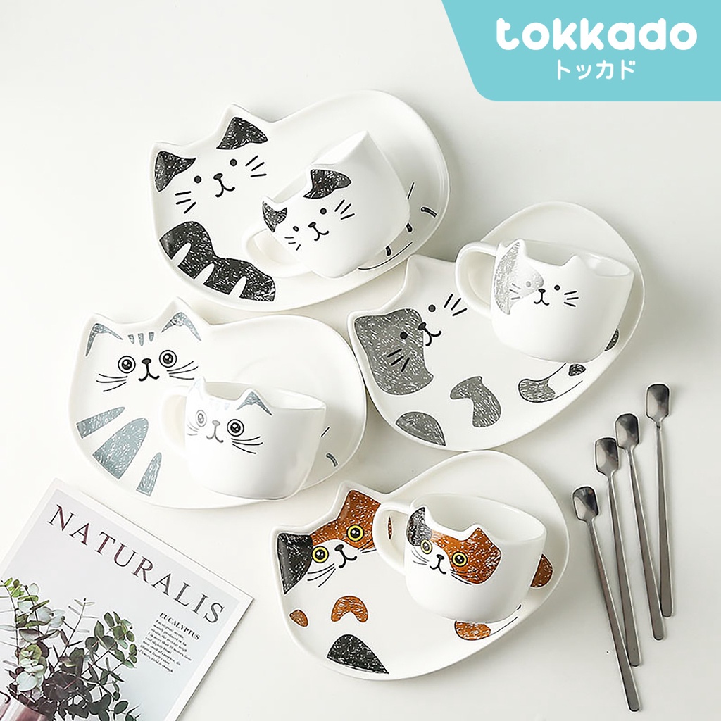 TOKKADO Fuku Cangkir Gelas Minum Teh Kopi Tray Nampan Kucing Unik Lucu