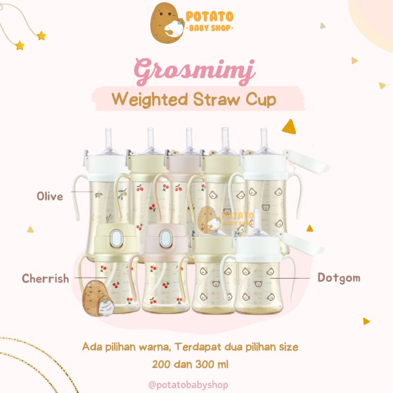 Grosmimi PPSU Dotgom, Olive &amp; Cherrish Weighted Straw Cup 200ml 300ml