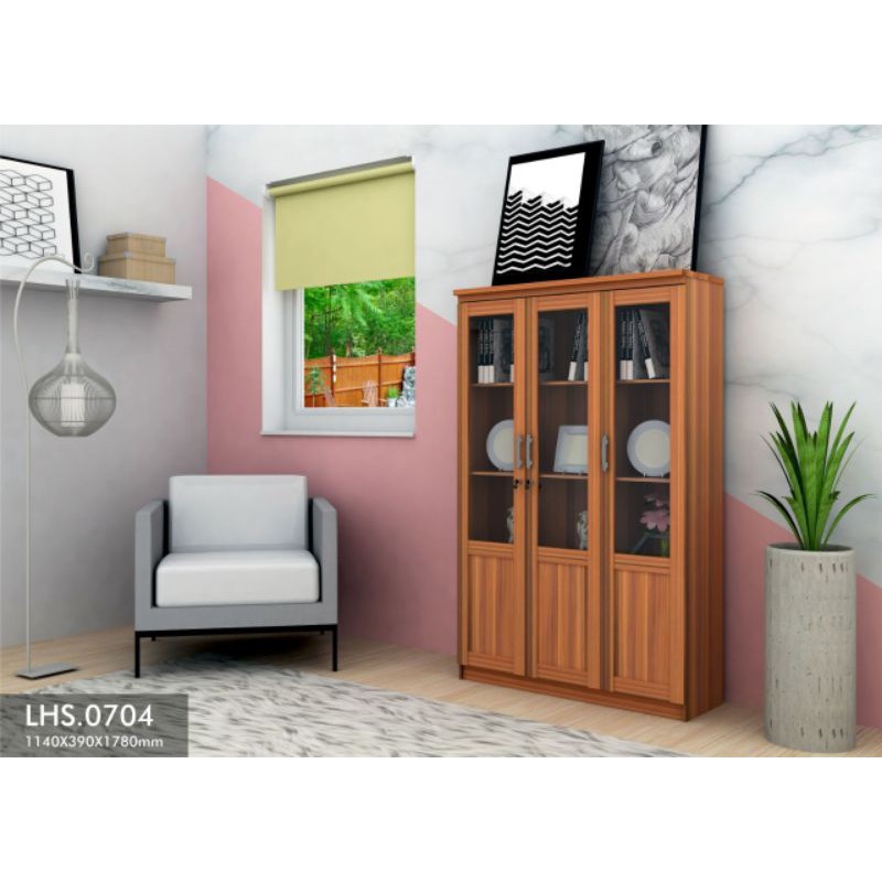 lemari buku kaca 3 pintu romaro