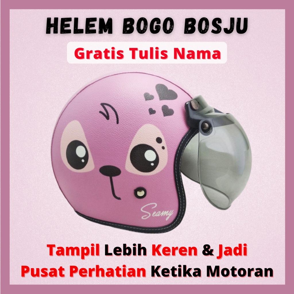 HELM BOGO RETRO KULIT WANITA DEWASA KACA DATAR CLASSIC WARNA PINK UNGU IMUT SNI - HELEM BOGO BOSJU