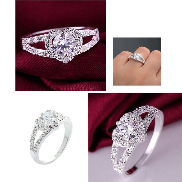 [Gratis Ongkir Min.0]925 Sterling Silver Crystal Cinta Hati Berbentuk Cincin Perhiasan Pengantin