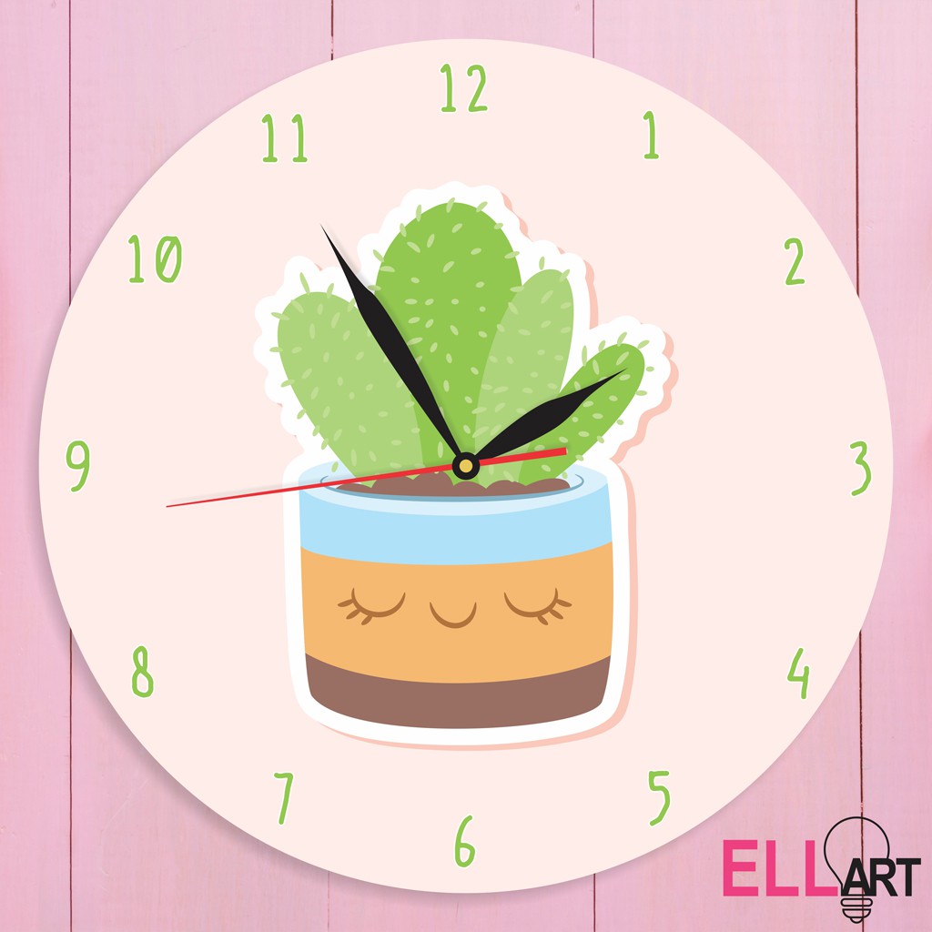 Jam Dinding Kayu Motif Kaktus Pajangan Kamar Tidur Cewek Unik Kekinian Aesthetic