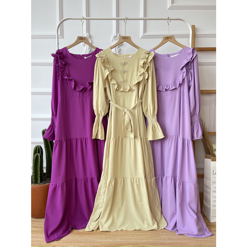 Shella Maxi Ruffle Dress with Brooch / Gamis Wanita Import dengan bros pita