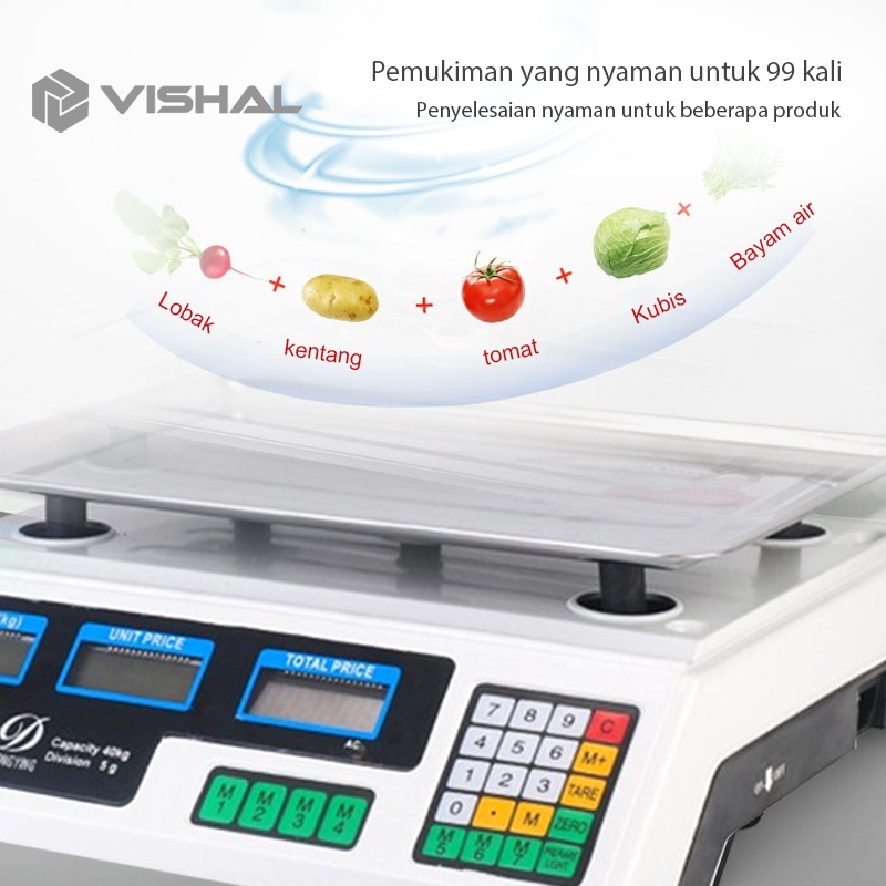 VISHAL Timbangan Buah Digital 40kg Double Display Digital Computing Scale /Timbangan Sayur/Timbangan Digital VS-6018