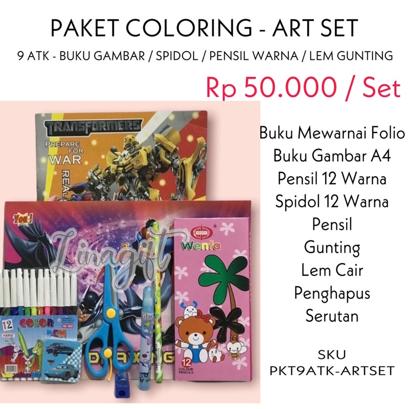 ( Set Paket Art ) ALAT TULIS SEKOLAH LENGKAP / MEWARNAI / KADO SUVENIR CUSTOM ULANG TAHUN / HADIAH LOMBA 17 AGUSTUS / COLORING STATIONERY SET / BUKU GAMBAR / GOODIE BAG SNACK BINGKISAN SOUVENIR / NOTES PEN PENSIL