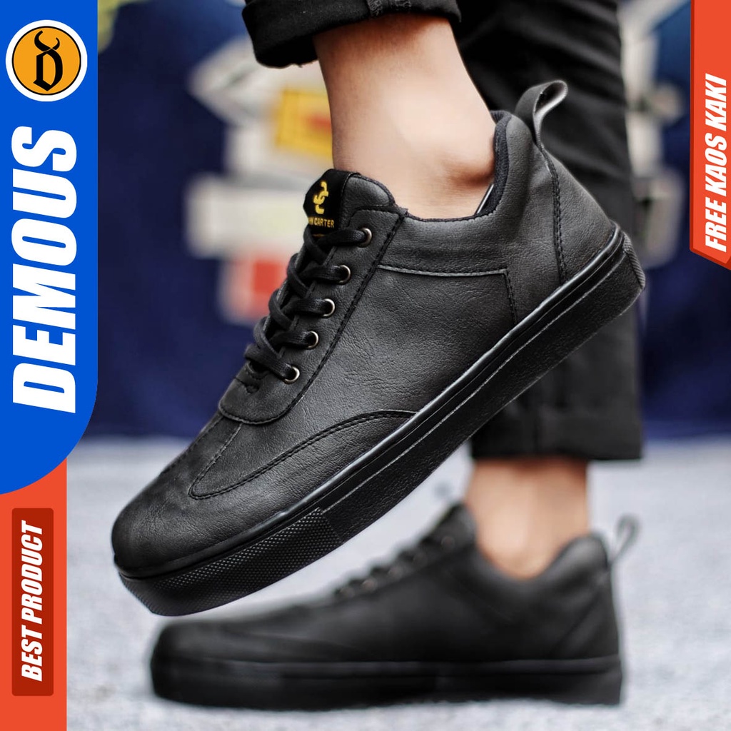 Sepatu Sneakers Casual Pria Kulit Pu Kerja Hitam Coklat Demous Autentic