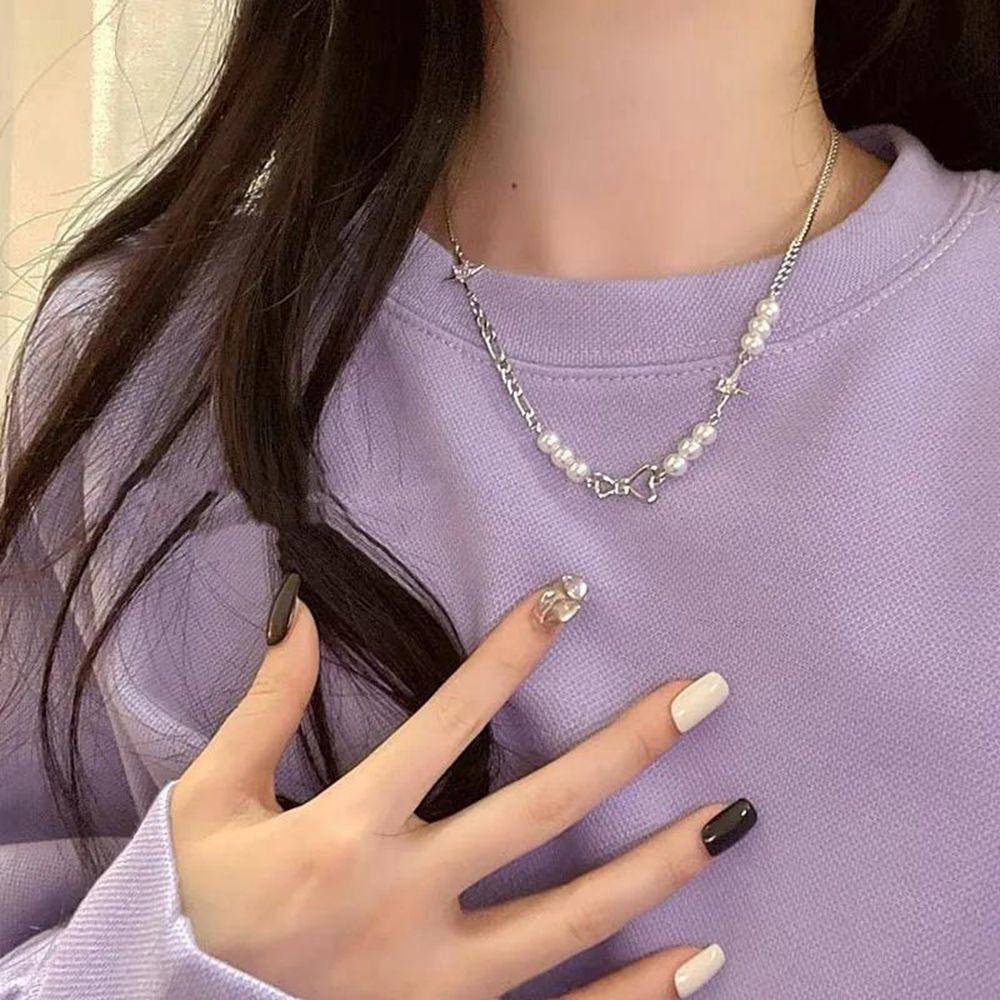 MXBEAUTY Kalung Mutiara Retro Hip Hop Bintang Ikatan Simpul Perhiasan Hadiah Pria Kalung Temperamen Perempuan Sweater Rantai