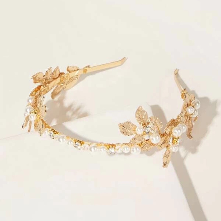 Korean Alloy Leaf Pearl Rhinestone Headband Baroque Bride Wedding Hair Band Elegant Hair Accessories