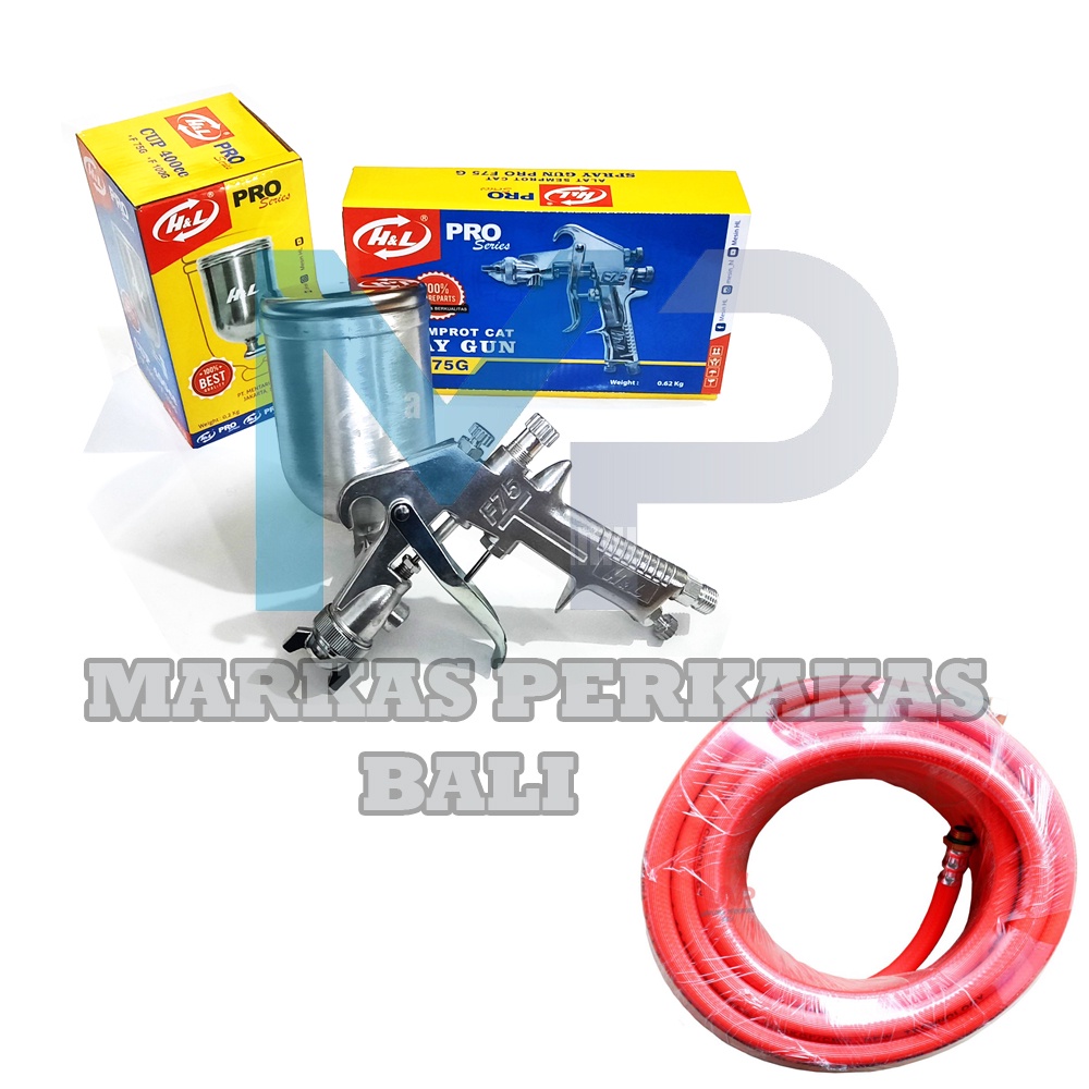PAKET 2In1 H&L Spray Gun F75G Tabung Atas 400cc Spet Cat Semprot Dan SUMURA  Selang Angin Kompresor 
