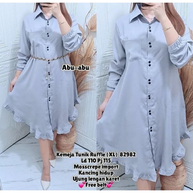 Kemeja Tunik Ruffle Allsize fit to XL (FREE BELT)// Tunik Wanita Terbaru Full Kancing// Bahan Itycrepe Lembut Ellegant// Bisa Bayar Ditempat