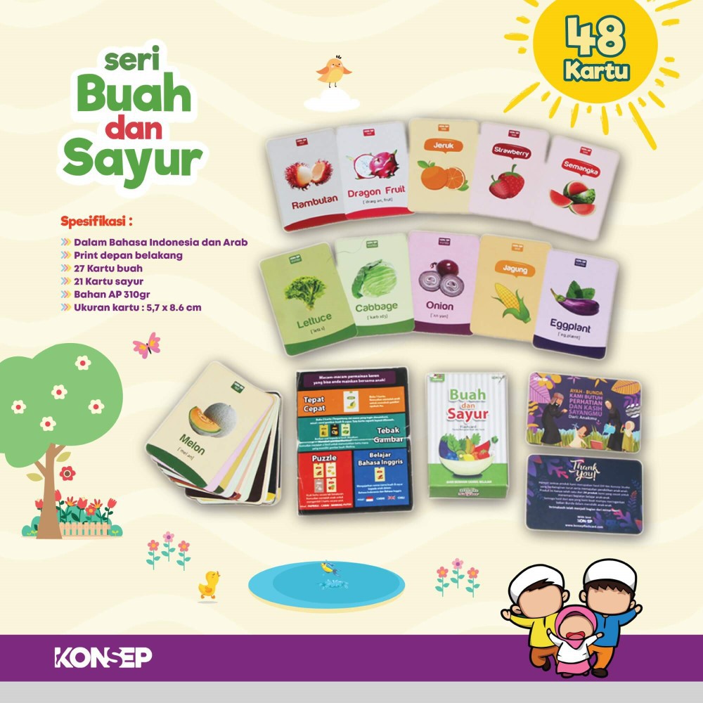 Flash Card Buah dan Sayur - Kartu Belajar Anak Bergambar - Konsep Studio Original