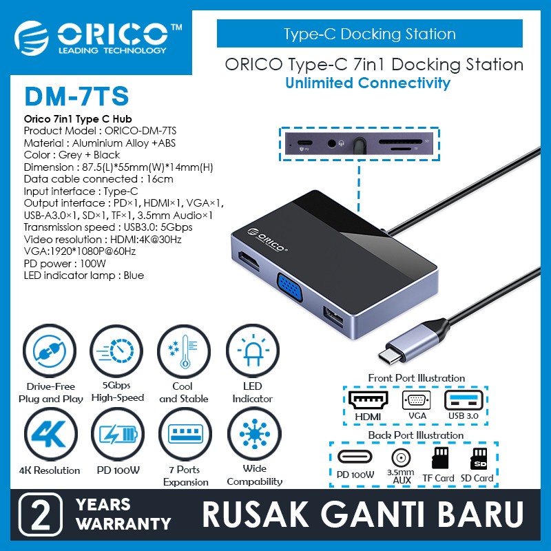 Orico 7in1 Type C Hub USB 3.0 PD 100W HDMI VGA TF SD Card AUX