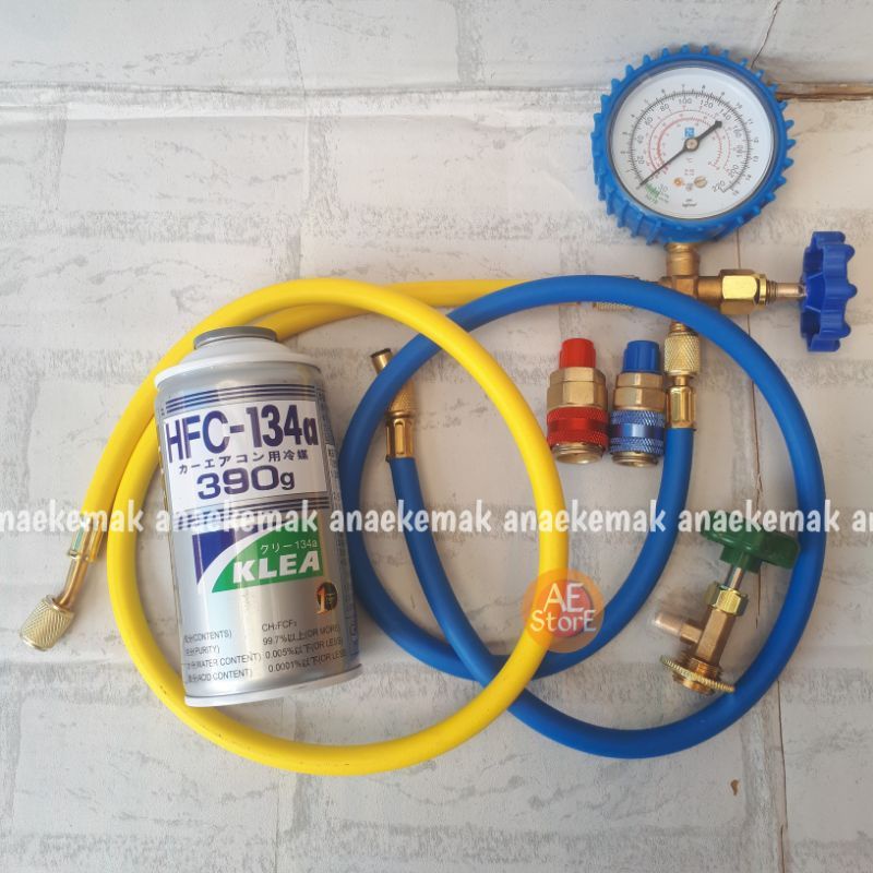 Paket lengkap Alat Isi ulang / tambah Ac Mobil R134a / 134a kran 339 selang gas ac kaleng single manifold 220 / 500 Psi Paket isi ac mobil kulkas anda paket hfc 134 a tinggal pake dingin murni