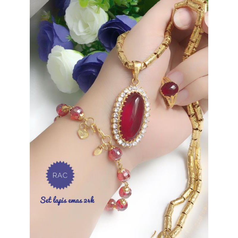 (MAR) Set Perhiasan Lapis Emas 24 Karat Xuping Gelang Kalung Cincin Batu Merah Gold Mewah Titanium