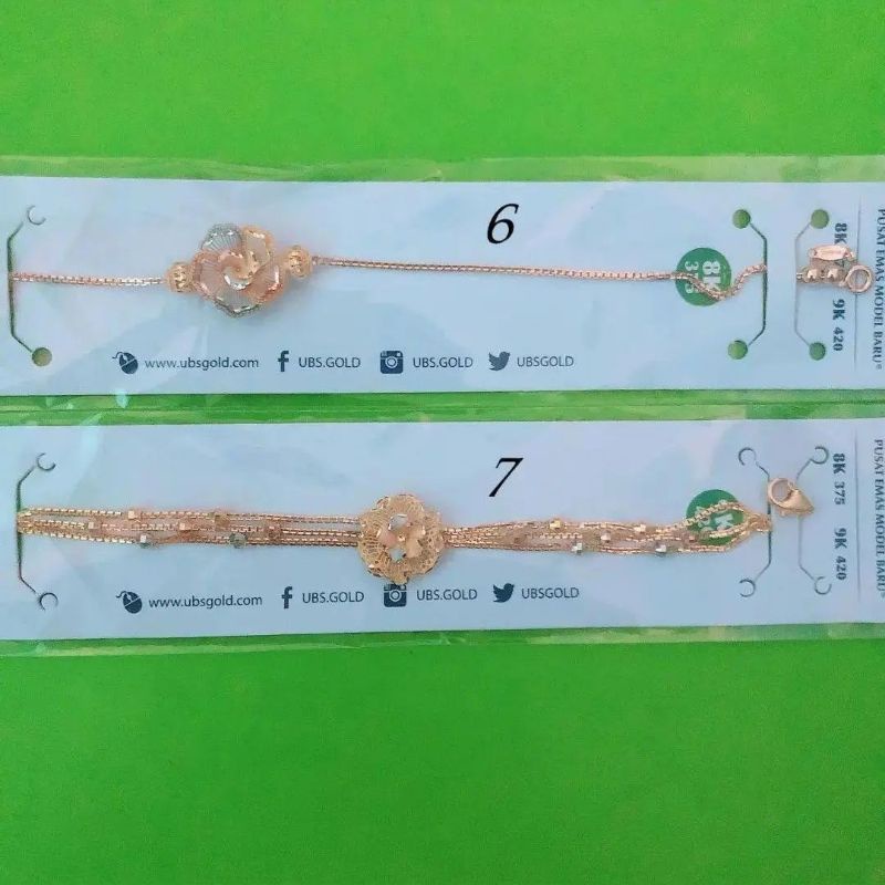 Gelang rantai serut variasi pita, kupu dan bunga 3 warna UBS kadar 8K 375 9K 420