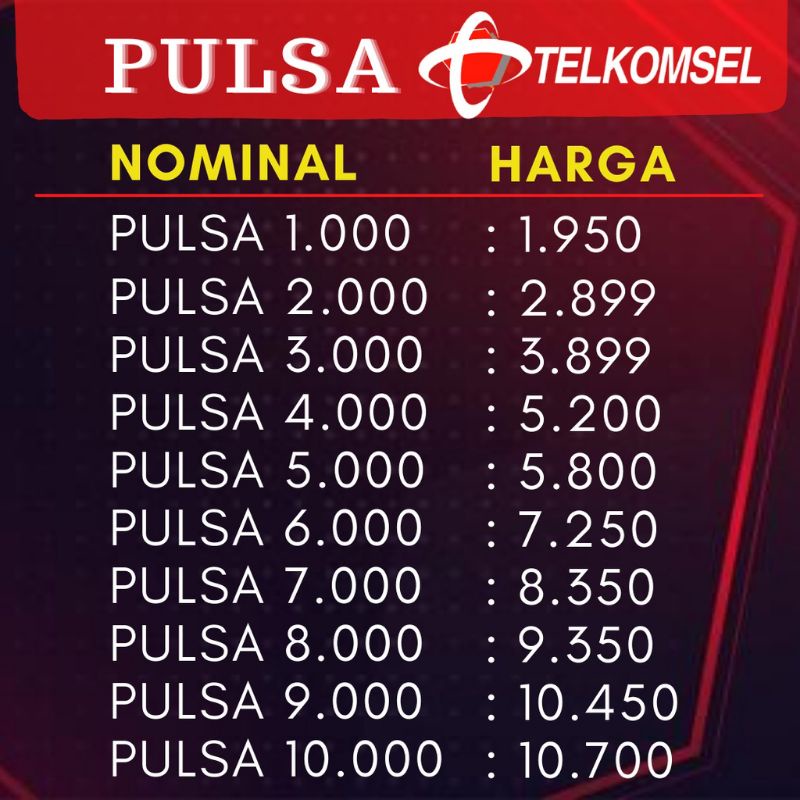 Pulsa Reguler Telkomsel Termurah Nominal 1k 2k 3k 4k 5k 6k 7k 8k 9k 10k