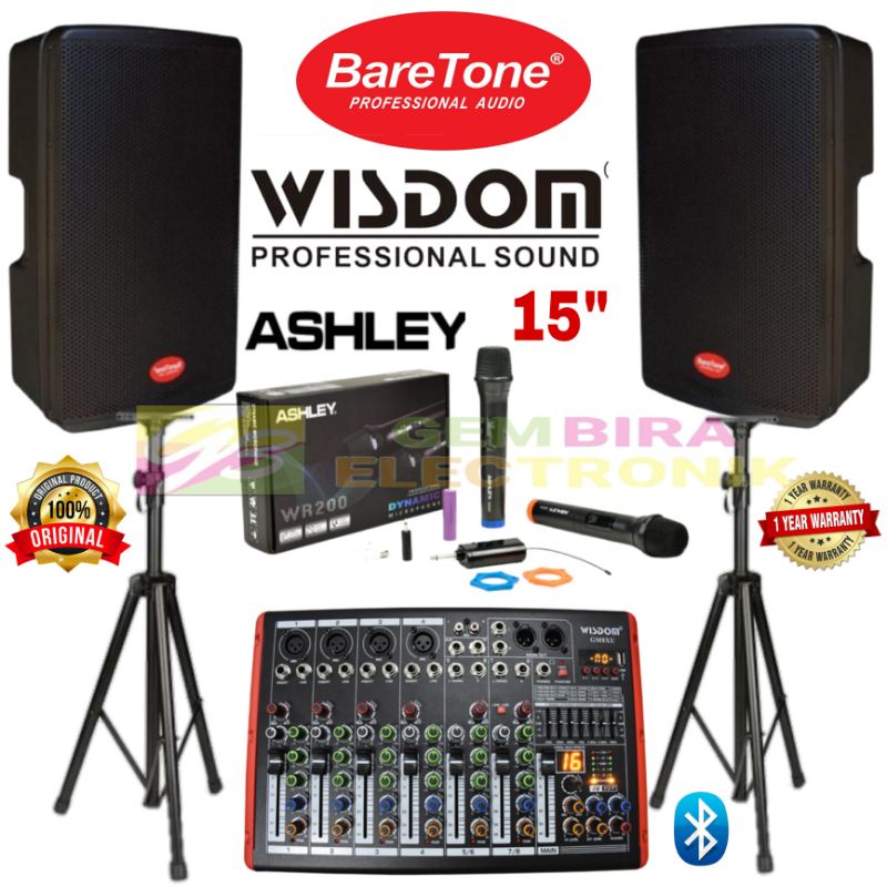 Paket Speaker Aktif Aktif Baretone 15 inch MAX15RC Mixer Wisdom dan mic Wireless Ashley Original blu