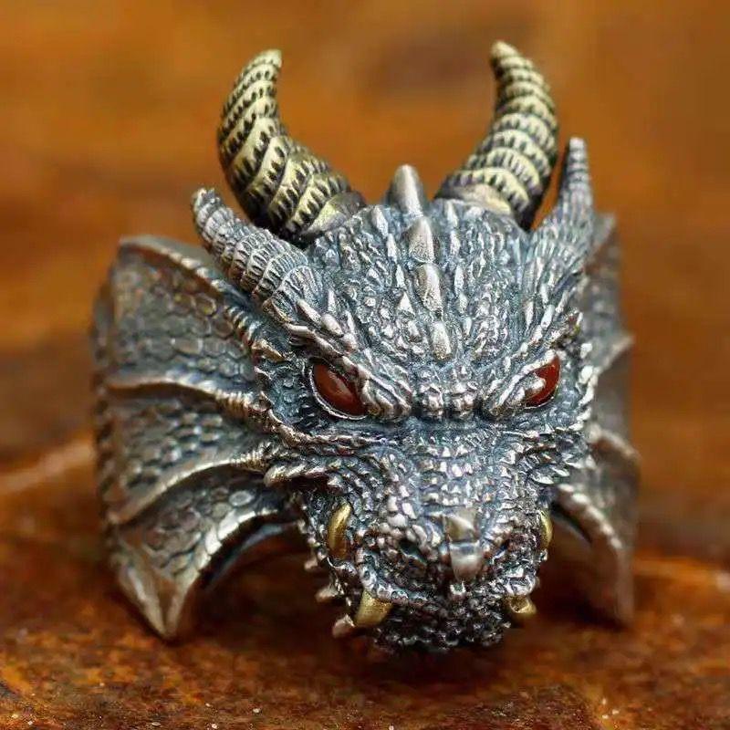 Cincin Desain Naga Pemadam Kebakaran Gaya Retro Punk Untuk Pria