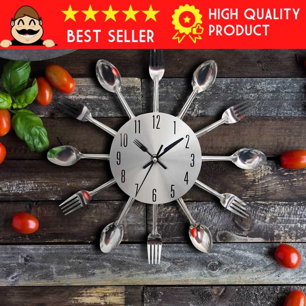 JAM DINDING UNIK MODEL SENDOK GARPU SILVER JAMDINDING DEKORASI HIAS RUANG MAKAN DAPUR CAFE RESTAURAN