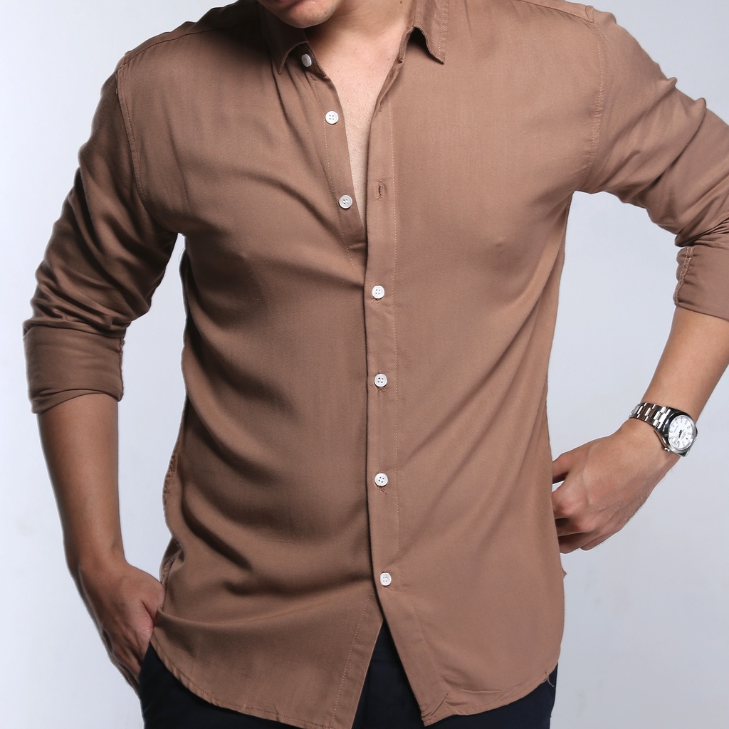 VENGOZ Kemeja Pria Slim Fit - Viscose Tan Brown