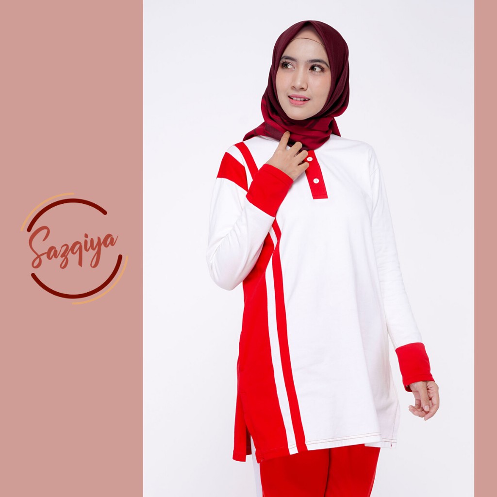 Kaos Olahraga Muslimah Merah Putih - Kaos Zamora Rocella - Baju Olahraga Muslimah