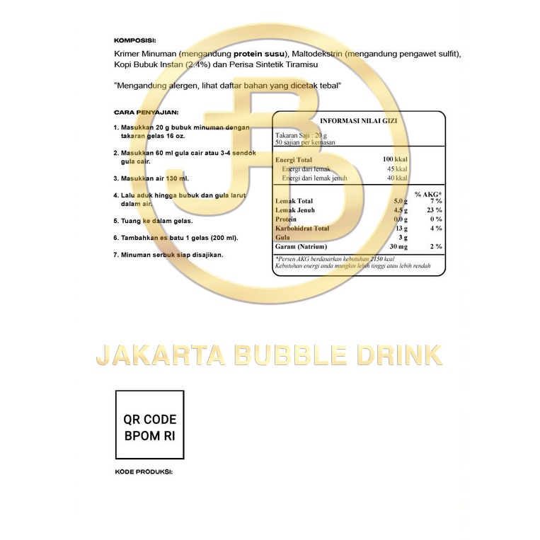 Bubuk Minuman Premium TIRAMISU -Jakarta Bubble Drink | BPOM&amp;HALAL