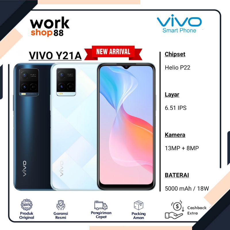 HP Terbaru Vivo Y21A [4GB + 1GB Extended Up To Ram 5GB] | Rom 64GB - New Original Garansi Resmi - La