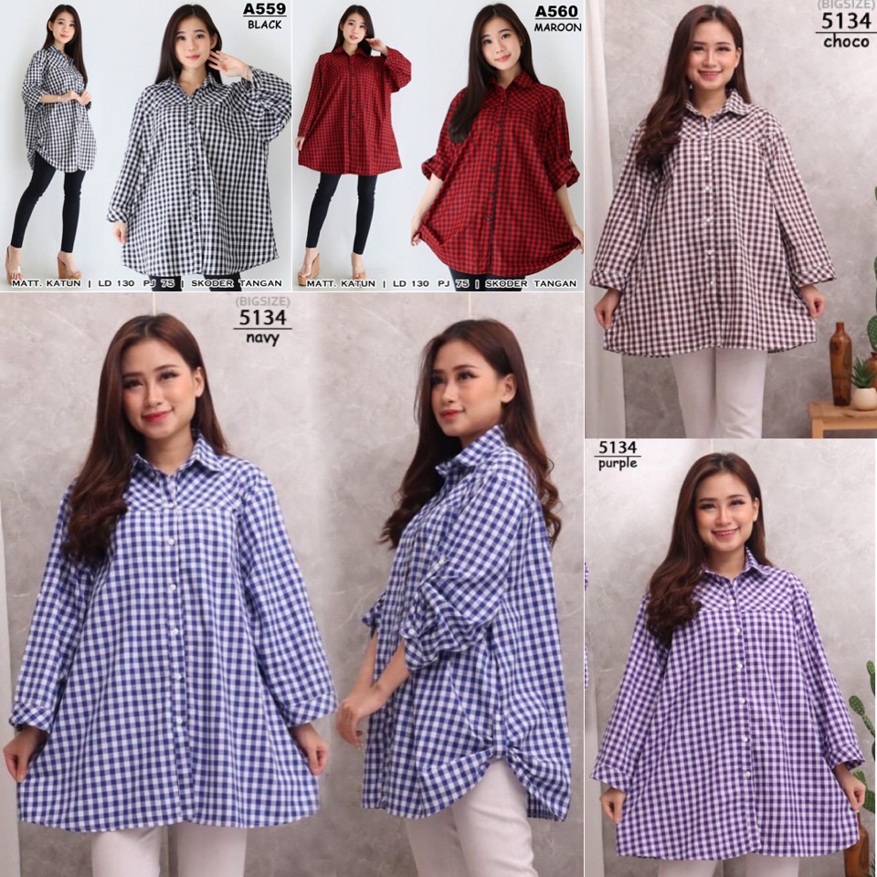 KEMEJA KATUN KOTAK BIG SIZE WANITA JUMBO 5134 XXL XXXL LD 130cm BAJU ibu hamil menyusui kerja kantor