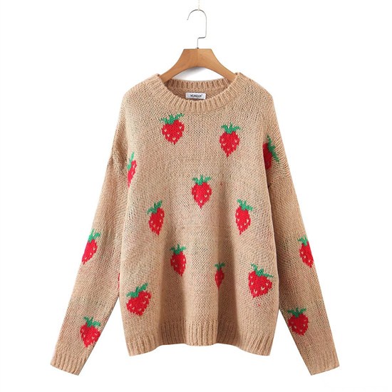 34237 Sweater Rajut Wanita Motif Strawberry Baju Hangat Lengan Panjang Knitwear Korean Style