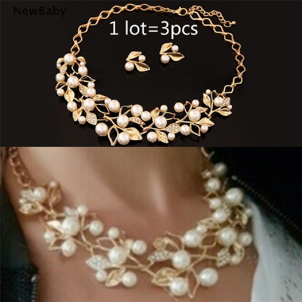 NewBaby Pearls Crystal Tree Leaves Necklace Earring  Elegant Ladies Luxury Jewelry Set  ID