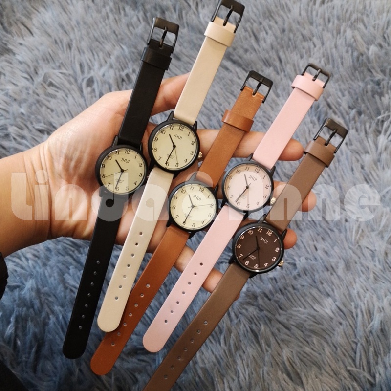 Jam Tangan Analog Quartz Wanita Simple Strap Pu Korean Style Import