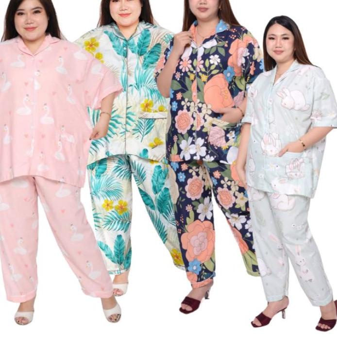 ✸ BAJU TIDUR JUMBO CELANA PANJANG SET PIYAMA LENGAN PENDEK LD 130 BIG SIZE WANITA DEWASA PAJAMAS ❁